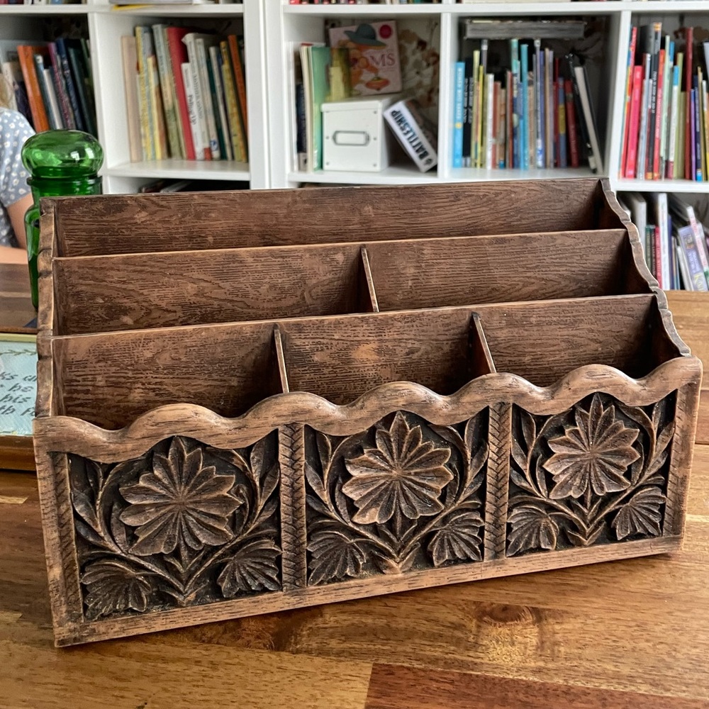 Vintage faux Carved Wood Letter Desk Organizer